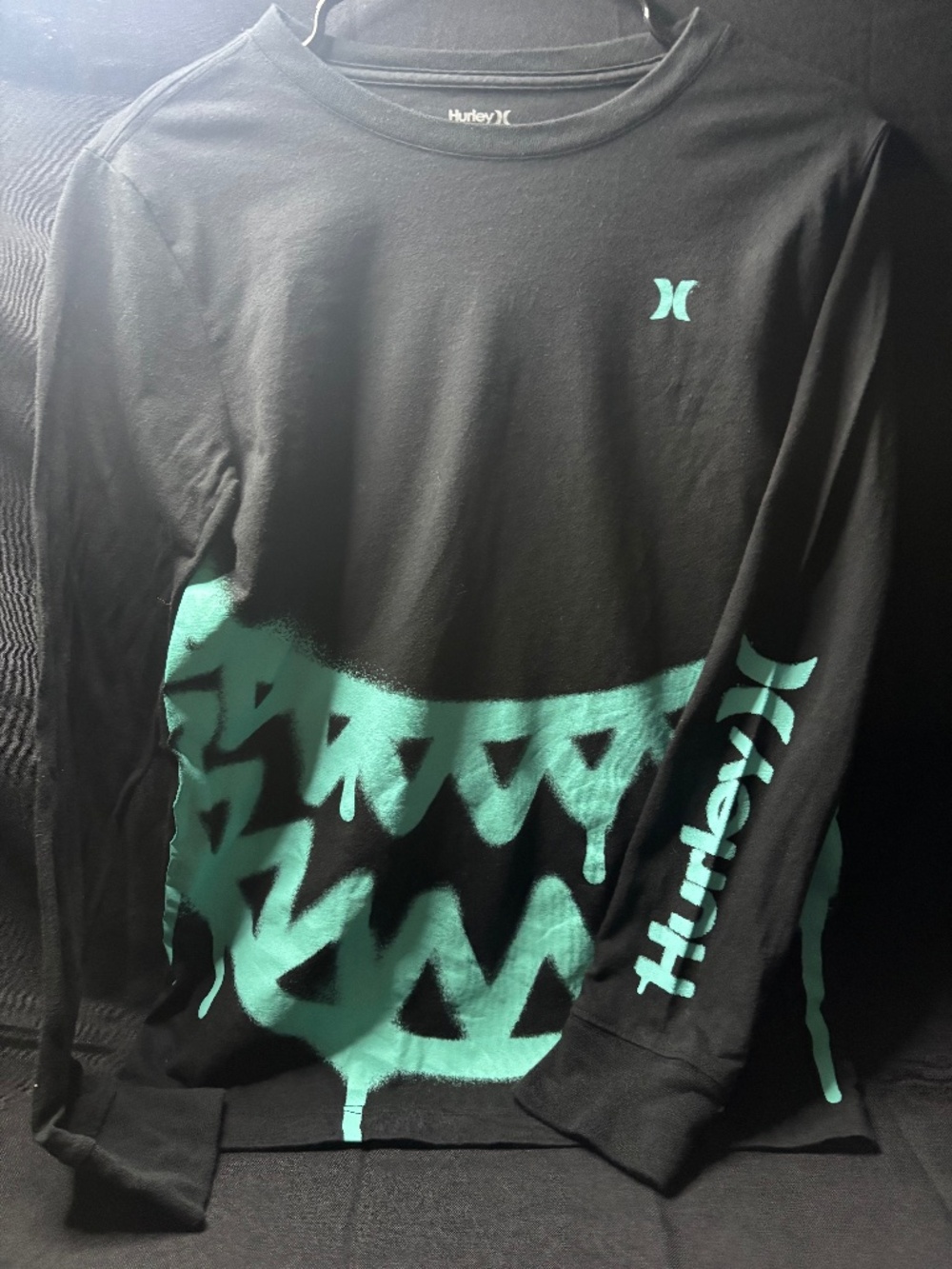 Y2K Hurley Graphic Long Sleeve Black Turquoise Drip Skate Surf Tee Youth 12-13.
